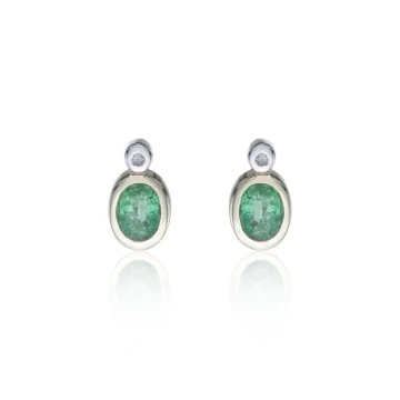 9ct Yellow Gold Diamond and 0.06ct Emerald Bezel Set Earrings