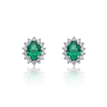 18ct White Gold 1.90ct Oval Cut Emerald & Diamond Traditional Halo Stud Earrings