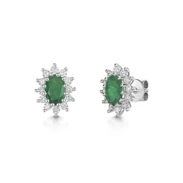 18ct White Gold Oval 0.84ct Emerald and 0.38ct Diamond Cluster Earrings
