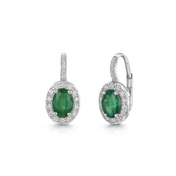18ct White Gold Oval Emerald and Diamond Halo Drop Earrings 1.80ct
