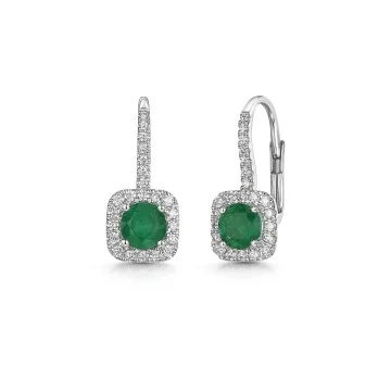 18ct White Gold Round Brilliant Emerald with Diamond Halo Drop Earrings 1.25ct