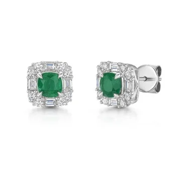 18ct White Gold Cushion Cut 0.75ct Emerald with Diamond Cluster Halo Earrings