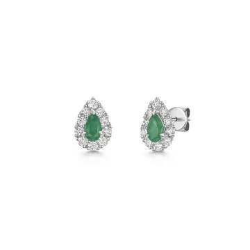 18ct White Gold 0.35ct Pear Cut Emerald Stud Earrings with Diamond Halo