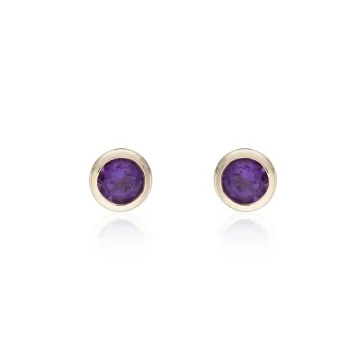 9ct Yellow Gold Amethyst Rub Over Stud Earrings