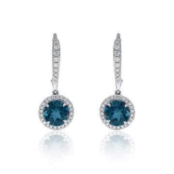 18ct White Gold Diamond 0.23ct and London Blue Topaz 2.38ct Halo Earrings 