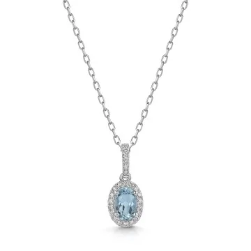 18ct White Gold Oval 0.45ct Aquamarine Diamond Halo Necklace