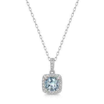 18ct White Gold Cushion Cut Aquamarine 0.75ct with Diamond Halo Pendant
