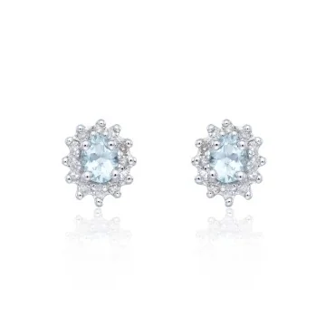 9ct White Gold 0.10ct Diamond and Aquamarine Halo Earrings