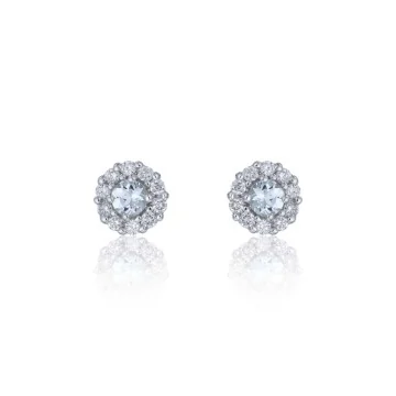 9ct White Gold Diamond 0.17ct and Aquamarine Halo Earrings