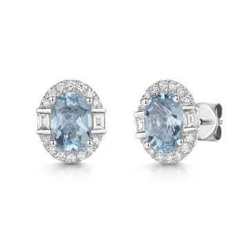 18ct White Gold Oval Cut Aquamarine 1.40ct with Diamond Halo Earrings