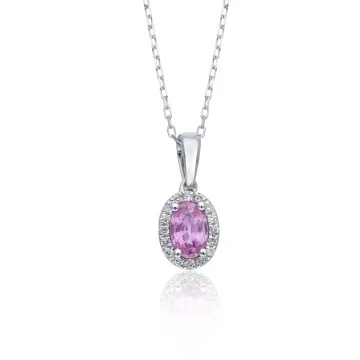 9ct White Gold Oval Cut Pink Sapphire 0.68ct Diamond Halo Pendant