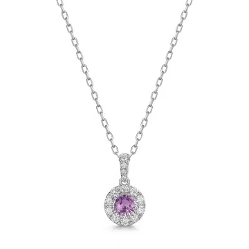 18ct White Gold Round Brilliant 0.50ct Pink Sapphire with 0.25ct Diamond Halo Pendant