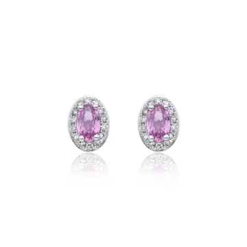 9ct White Gold Oval Cut Pink Sapphire 0.80ct Diamond Halo Stud Earrings