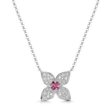9ct White Gold Pink Tourmaline and 0.27ct Diamond Cluster Flower Pendant