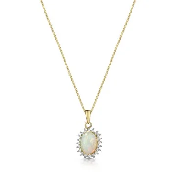 9ct Yellow Gold 1.25ct Oval Opal and Round Brilliant Diamond Halo Pendant