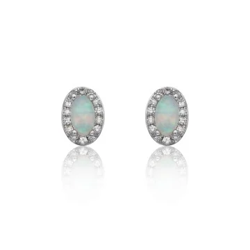 9ct White Gold Oval Cut Opal 0.80ct Diamond Halo Stud Earrings