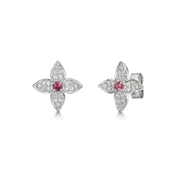 9ct White Gold Pink Tourmaline and 0.54ct Diamond Cluster Flower Earrings