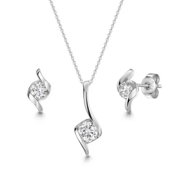 9ct White Gold Cubic Zirconia Fancy Round Brilliant Solitaire Pendant & Earring Set