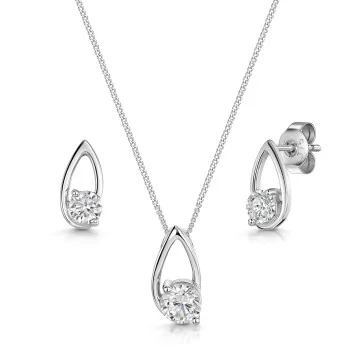 9ct White Gold Cubic Zirconia Pear Shape Round Brilliant Solitaire Pendant & Earring Set