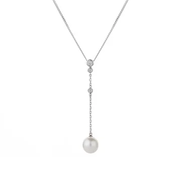 9ct White Gold Pearl And Diamond 0.08ct Long Drop Pendant