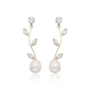 9ct Yellow Gold Cubic Zirconia and Pearl Stem Drop Earrings