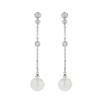 9ct White Gold Pearl And Diamond 0.10ct Long Drop Earrings