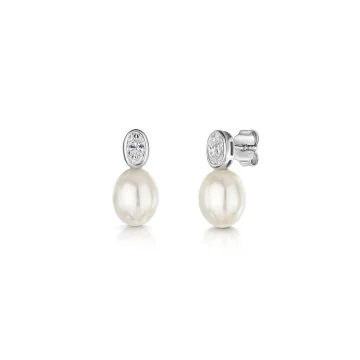 Silver 7-7.5mm Freshwater Pearl & Cubic Zirconia Drop Earrings