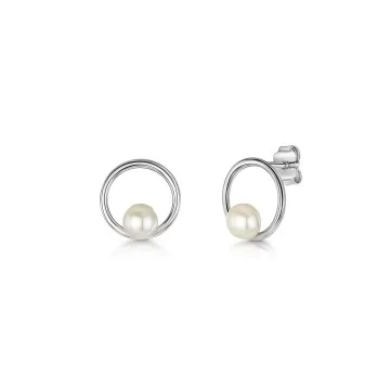 Silver Freshwater Pearl Open Circle Earrings