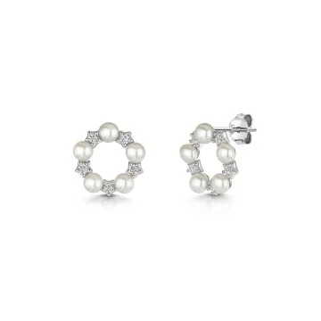 Silver 3-3.5mm Freshwater Pearl & Cubic Zirconia Open Circle Earrings