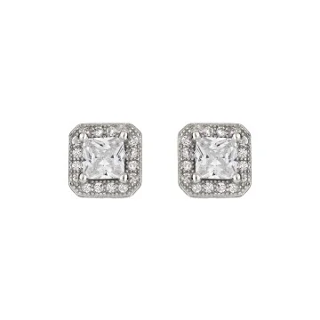Silver Princess Cut Cubic Zirconia Halo Stud Earrings