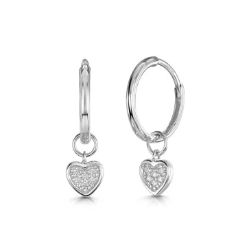 Silver Cubic Zirconia Heart Charm Huggie Hoop Earrings