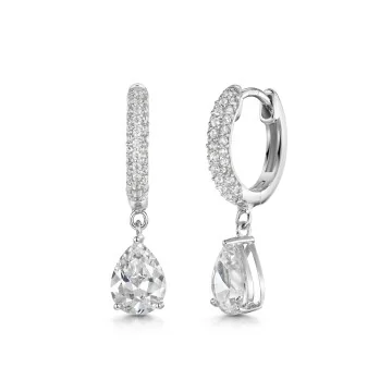 Silver Cubic Zirconia Pear Drop Huggie Hoop Earrings