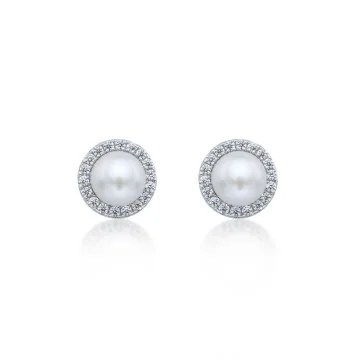 Silver Pearl and Cubic Zirconia Stud Earrings