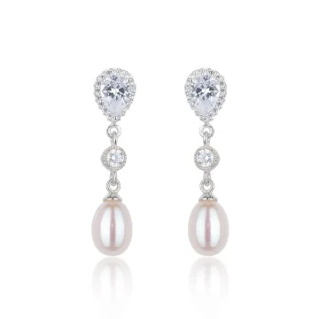 Silver Pearl and Cubic Zirconia Drop Earrrings
