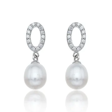 Sterling Silver Pearl & Cubic Zirconia Oval Drop Earrings