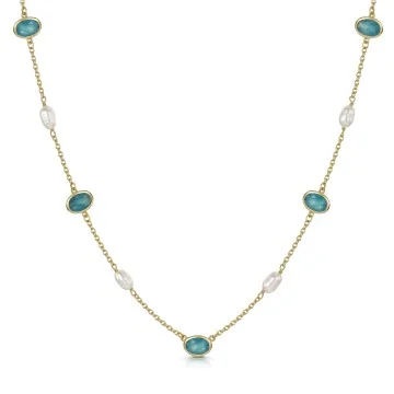 18ct Yellow Gold Vermeil Green White Jade & Pearl Necklet