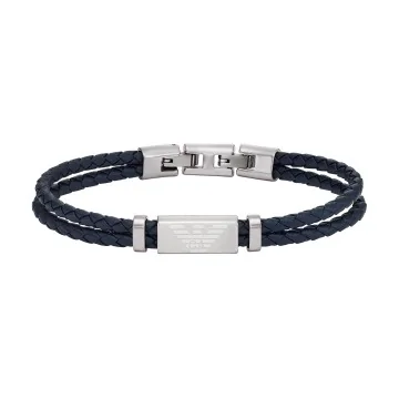 Emporio Armani Essential Stainless Steel & Blue Leather Mens Logo Bracelet EGS2995040