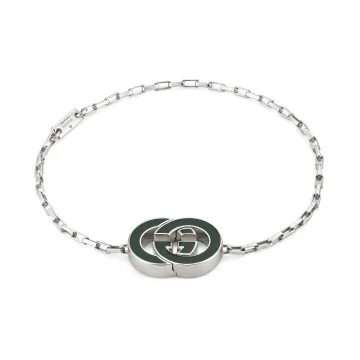 GUCCI Sterling Silver Interlocking Bracelet with Green Enamel YBA854121001 - Size Large / 18cm