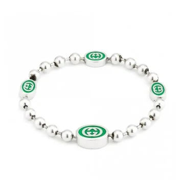 Gucci Interlocking Bracelet Silver with Green YBA701609001 - Size L