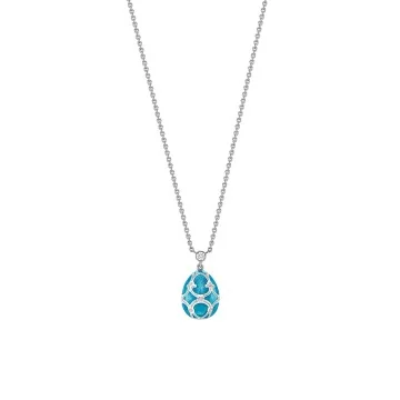 Fabergé Heritage White Gold Teal Guilloché Enamel Petite Egg Pendant 1152FP2454