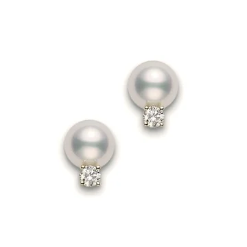 Mikimoto 18ct Yellow Gold 6mm AA Akoya Pearl & Diamond Stud Earrings PES 603D K