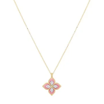 Roberto Coin Princess Flower 18ct Yellow Gold 0.18ct Diamond & Rhodonite Pendant ADV888CL2462 YW