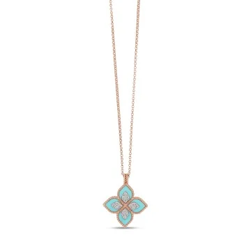 Roberto Coin Princess Flower 18ct Rose Gold Diamond and Turquoise Ladies Pendant ADV888CL1837_03 RW