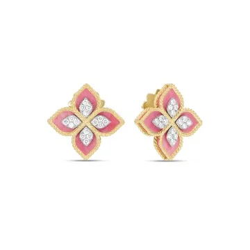 Roberto Coin Princess Flower 18ct Yellow Gold Rhodonite & 1.85ct Diamond Earrings ADV888EA2462 YW