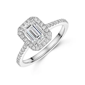 Platinum Lab Grown 1.00ct Emerald Diamond Shoulders Halo Ring