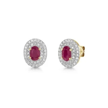 9ct Yellow Gold 1.06ct Oval Cut Ruby with Double Lab Diamond Halo Earrings