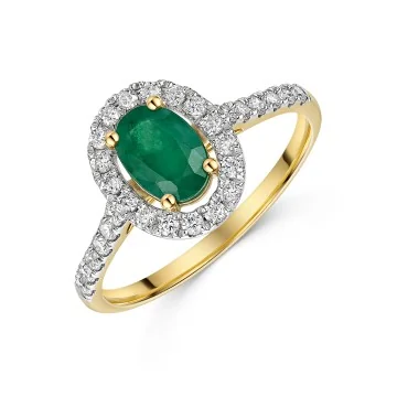 9ct Yellow Gold 0.76ct Oval Emerald with Lab Grown Diamond Halo Solitaire Ring