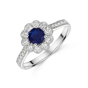 9ct White Gold 0.60ct Sapphire and Lab Grown Diamond Halo Solitaire Ring