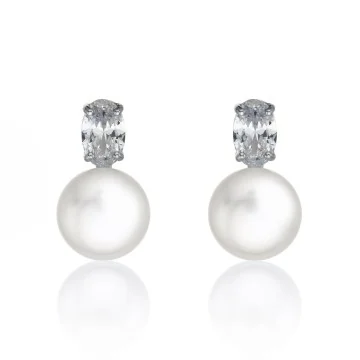9ct White Gold Pearl & Oval Cubic Zirconia Earrings