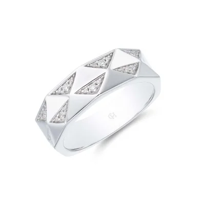18ct White Gold Round Brilliant 0.13ct Diamond Geometric Fancy Band Ring